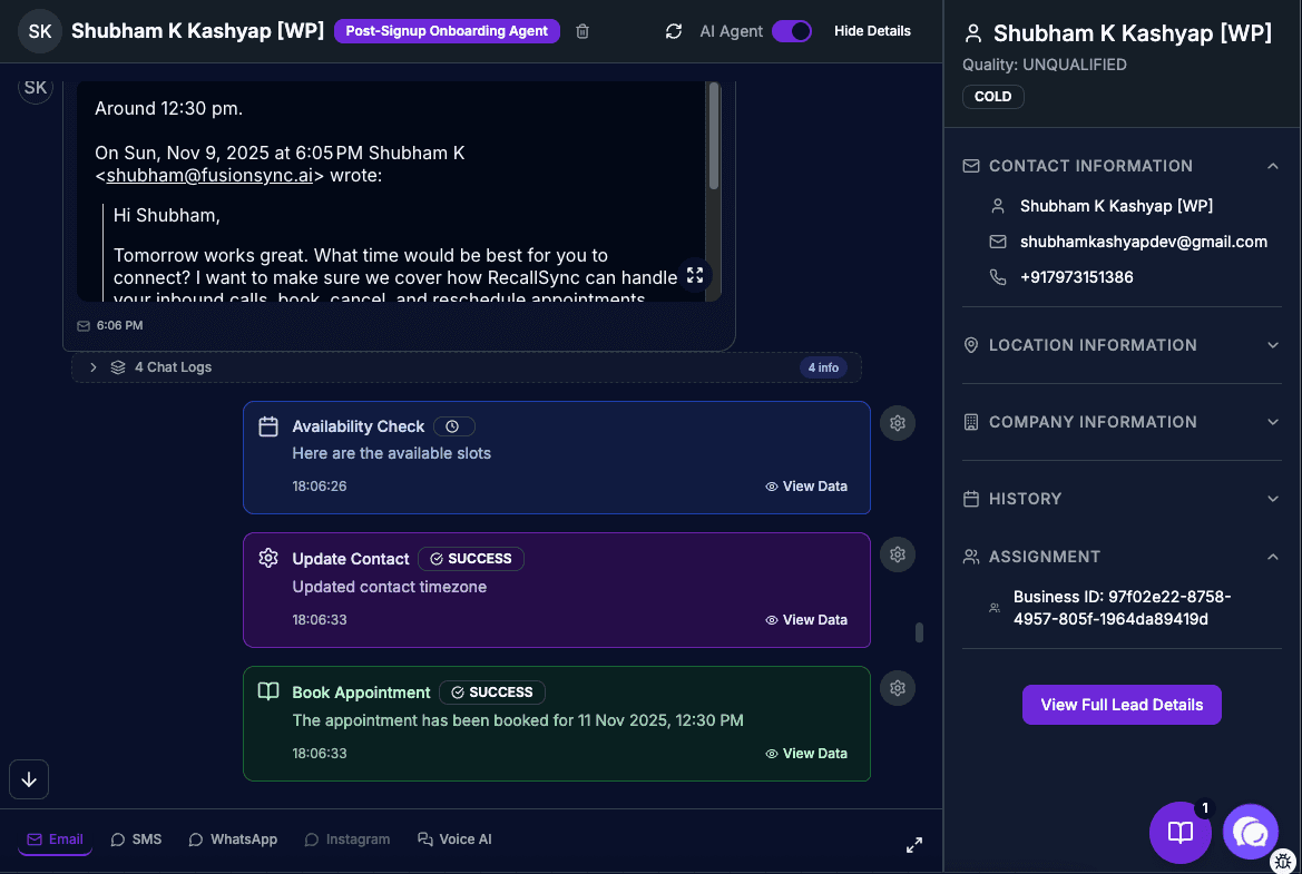 RecallSync appointment booking workflow for instant lead response and automated scheduling