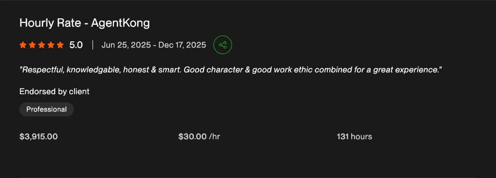 Client review screenshot: AgentKong hourly engagement: $3,915 across 131 hours at $30 per hour. Client endorsed Professional delivery.