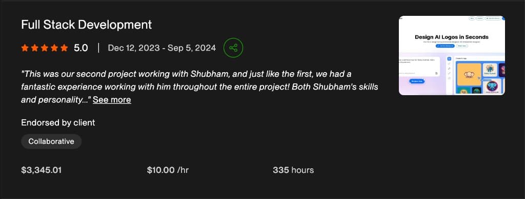 Client review screenshot: Hiding Elephant full stack development: $3,345 across 335 hours. Repeat client praised skills and personality on second project together.