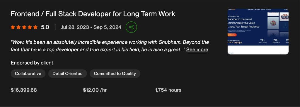 Client review screenshot: long-term frontend and full stack work: $16,399 across 1,754 hours. Client quote praises Shubham as a top developer and expert.