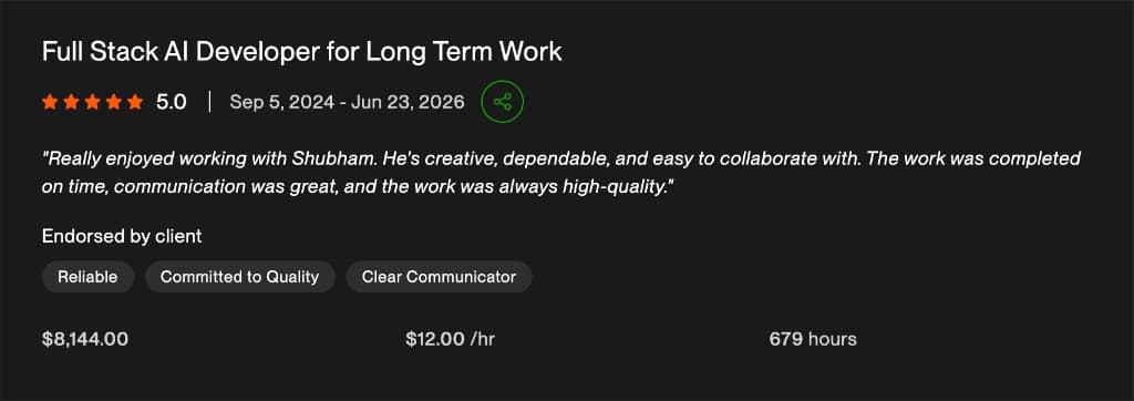 Client review screenshot: Full Stack AI Developer long-term work: $8,144 across 679 hours. Client endorsed Reliable, Committed to Quality, Clear Communicator.